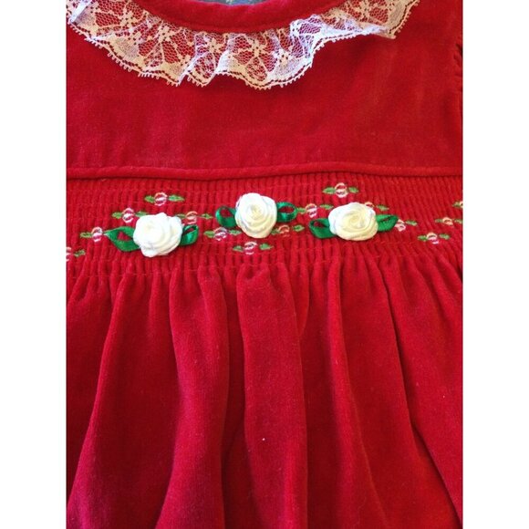 Vintage Baby Girl's Velvet Embroidered Smocked Dress Short Sleeve Red Lace Trim - Picture 3 of 8